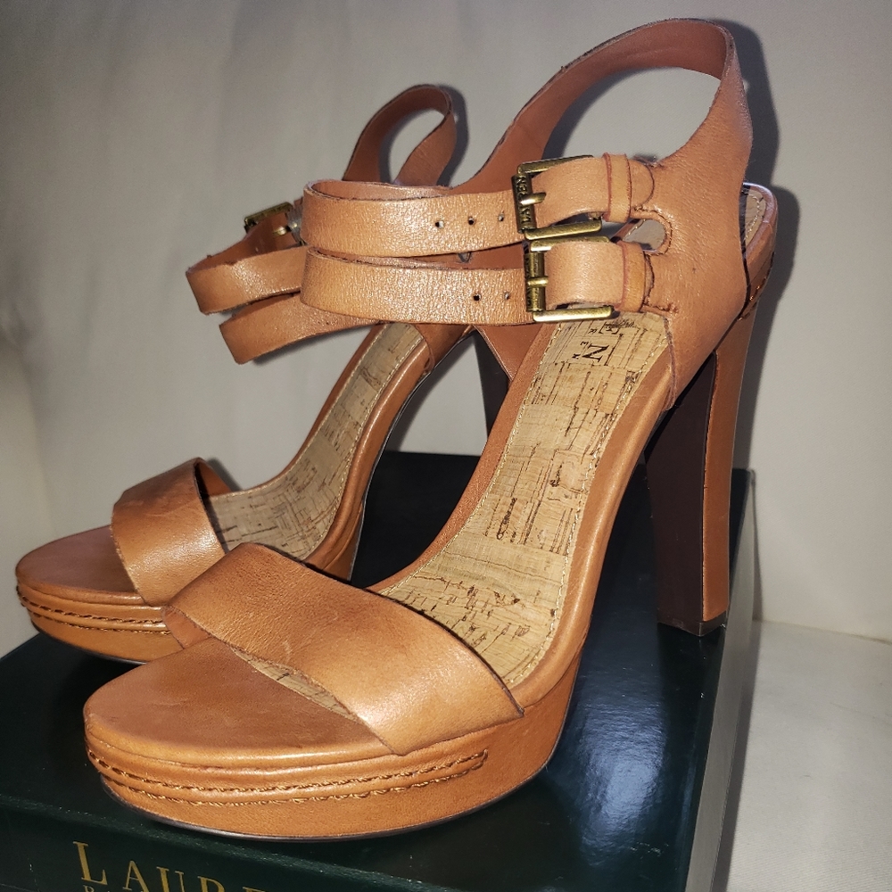 NEW! Ralph Lauren tan strappy/buckle heels.